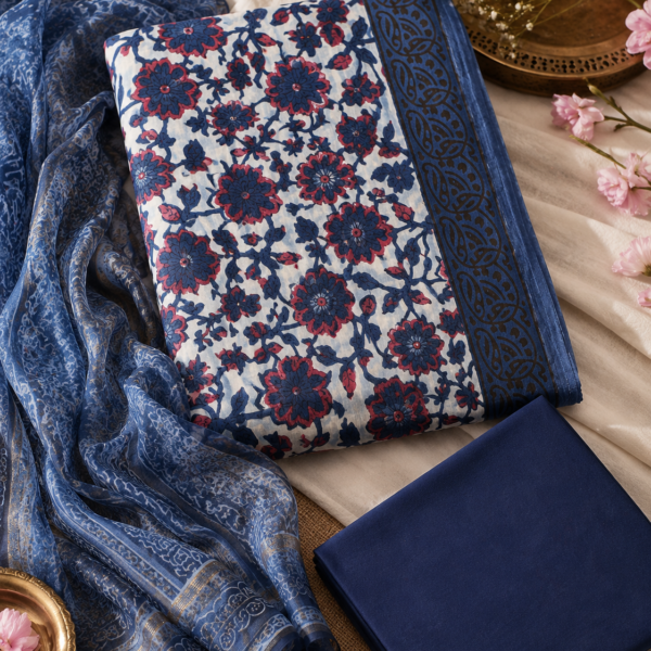 Navy Blue Floral Printed Vanaspati Ajrakh Suit Set