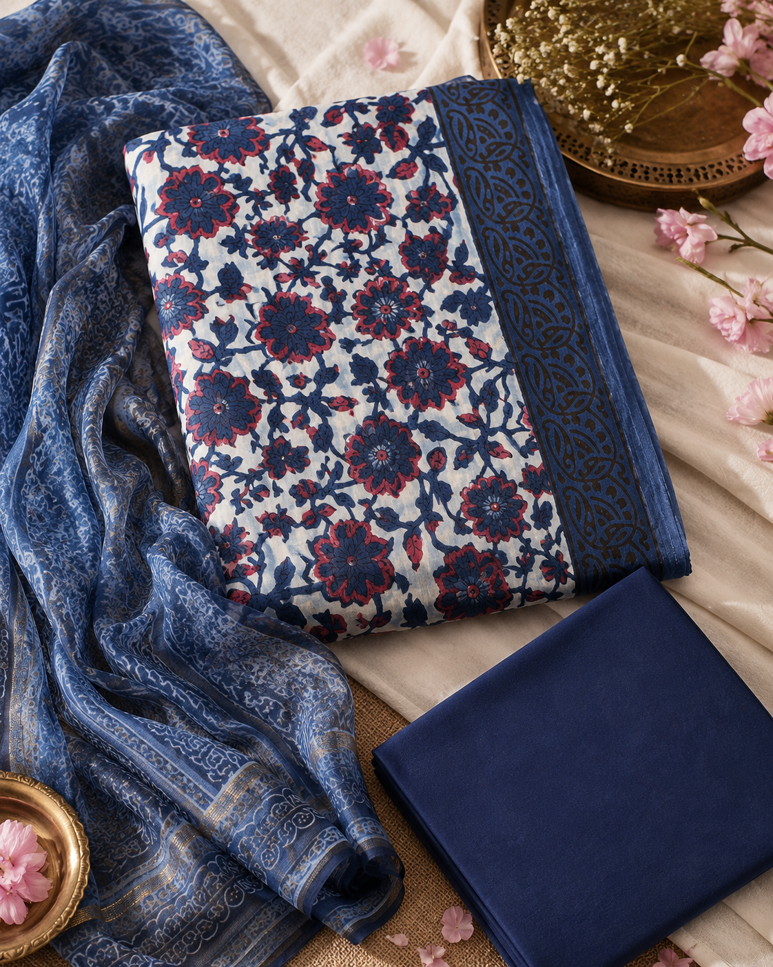 Navy Blue Floral Printed Vanaspati Ajrakh Suit Set