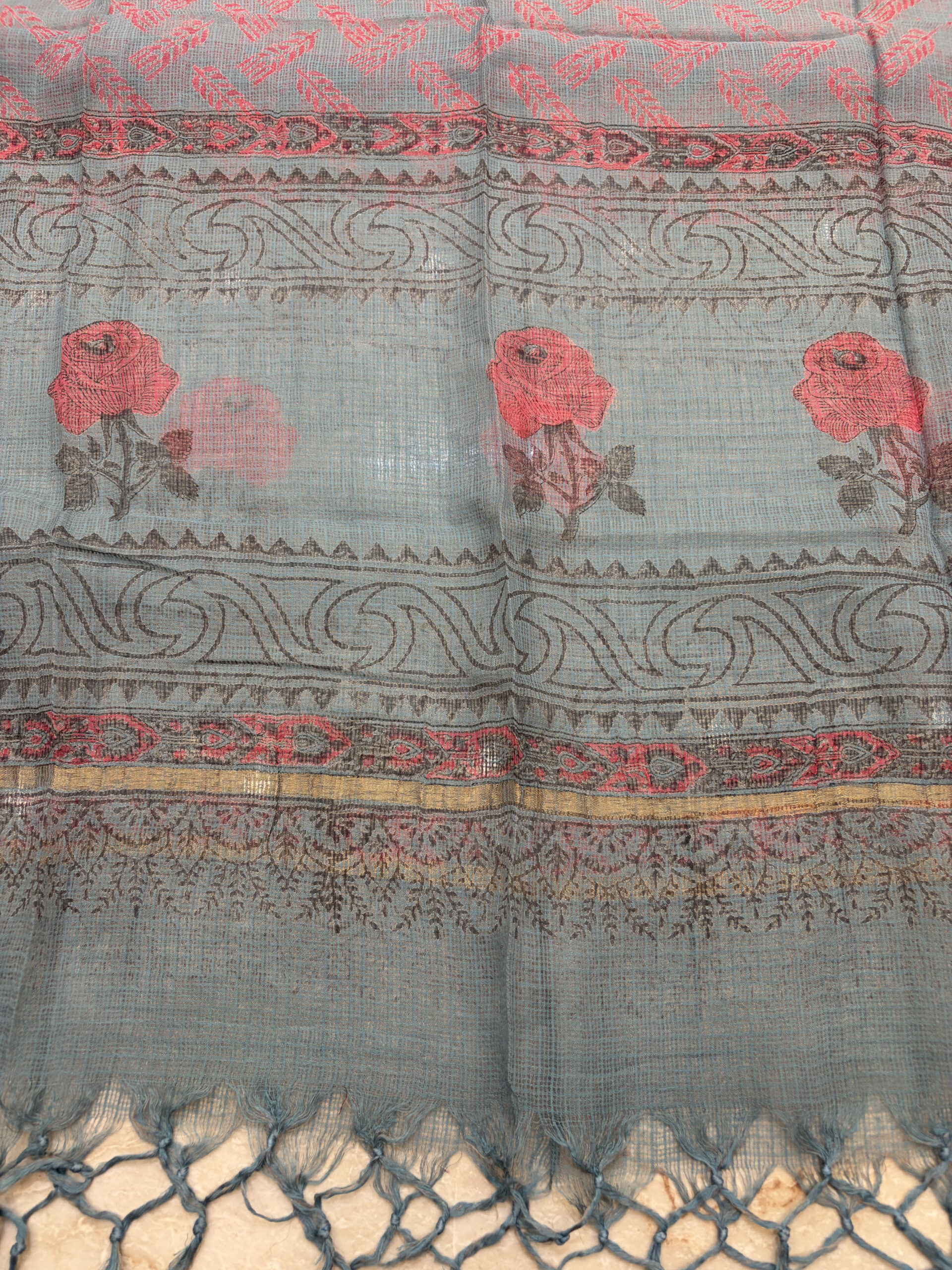 Rama Green Schiffli Hakoba Cotton Hand Block Painted Suit Set - Image 3