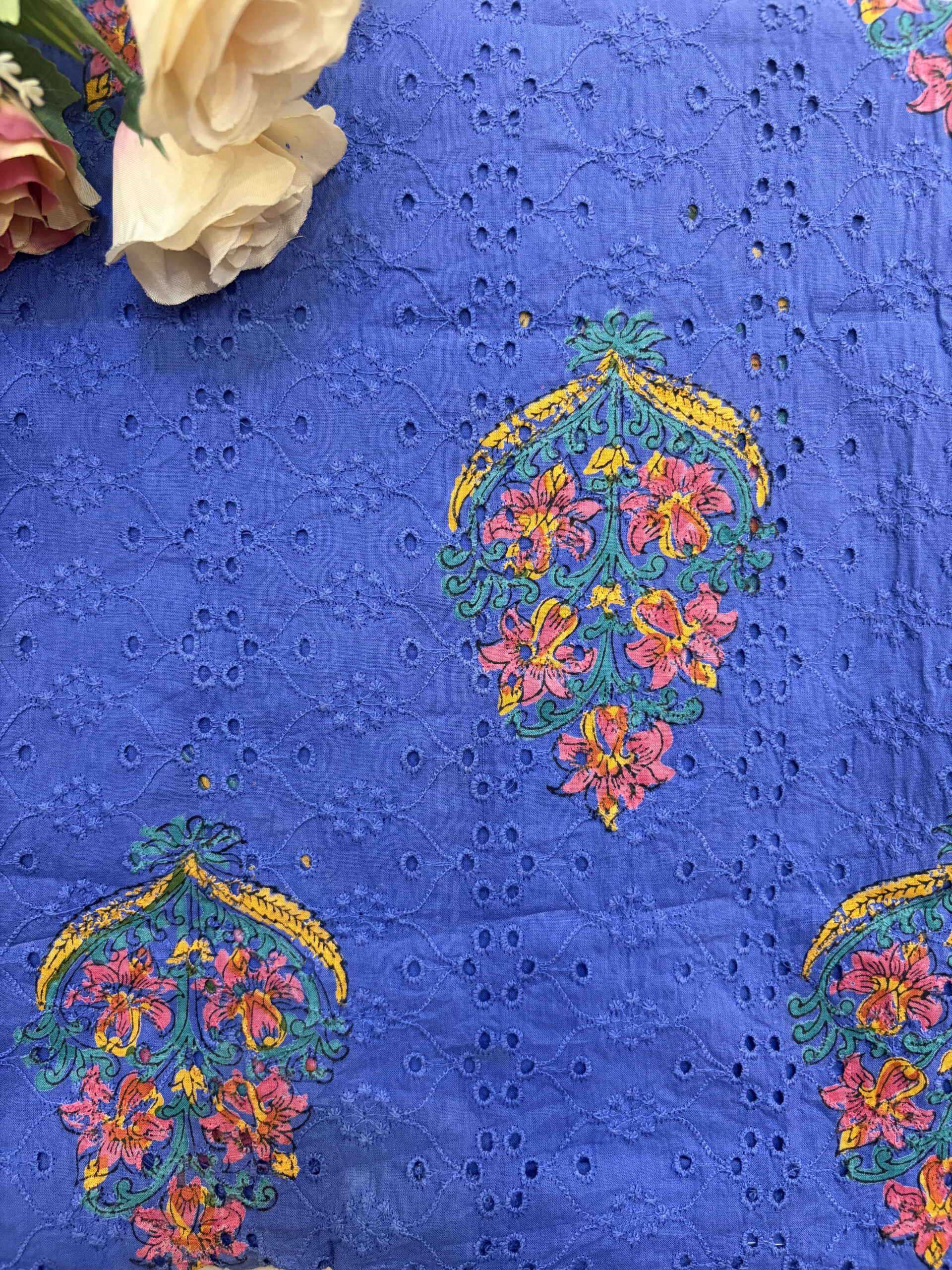 Ink Blue Schiffli Hakoba Cotton Hand Block Painted Suit Set - Image 7