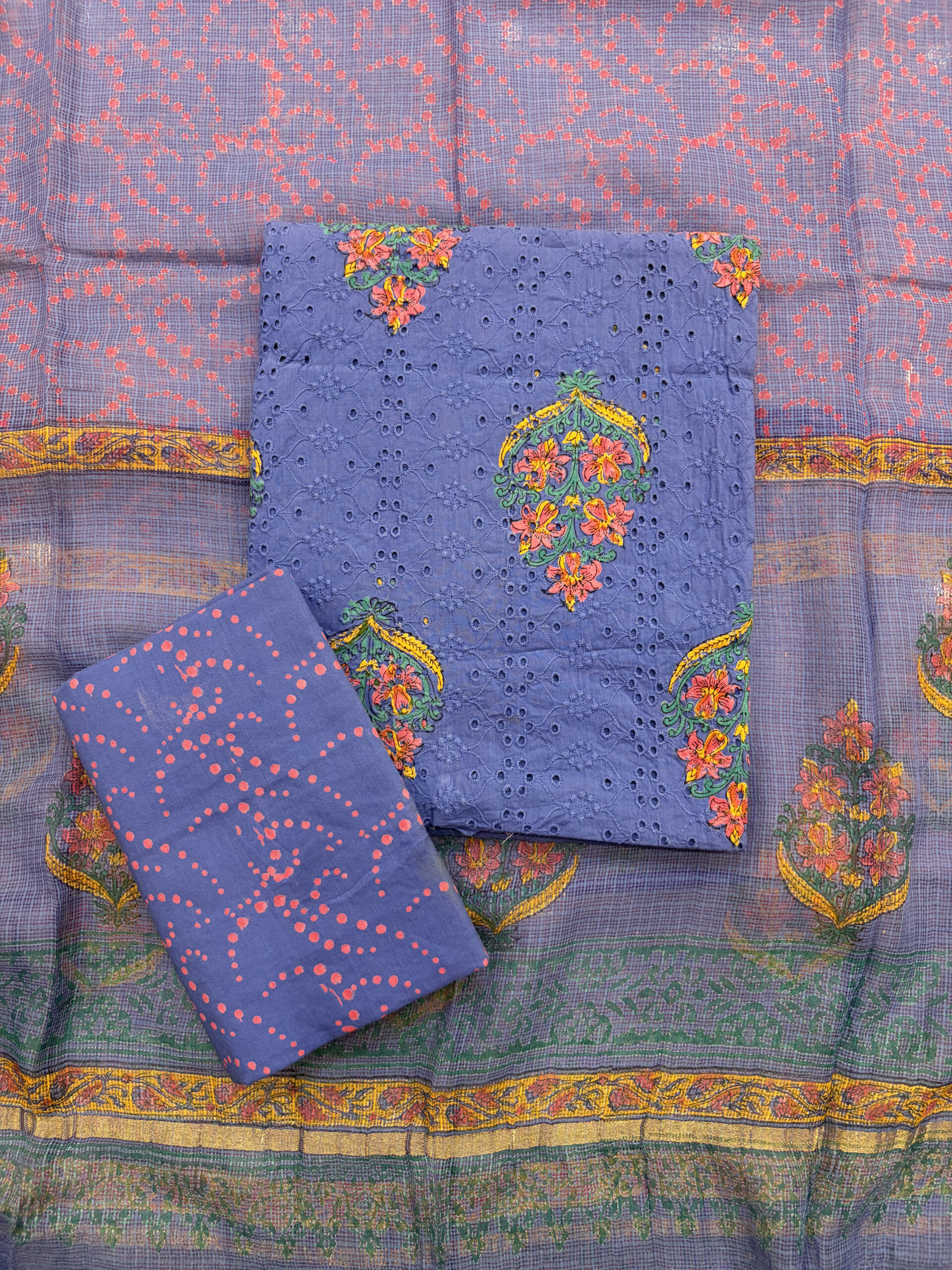 Ink Blue Schiffli Hakoba Cotton Hand Block Painted Suit Set - Image 3