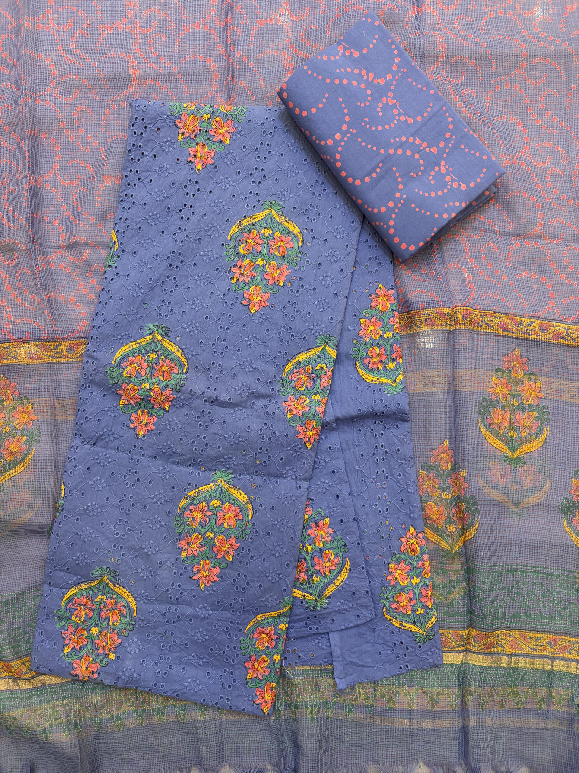 Ink Blue Schiffli Hakoba Cotton Hand Block Painted Suit Set - Image 2