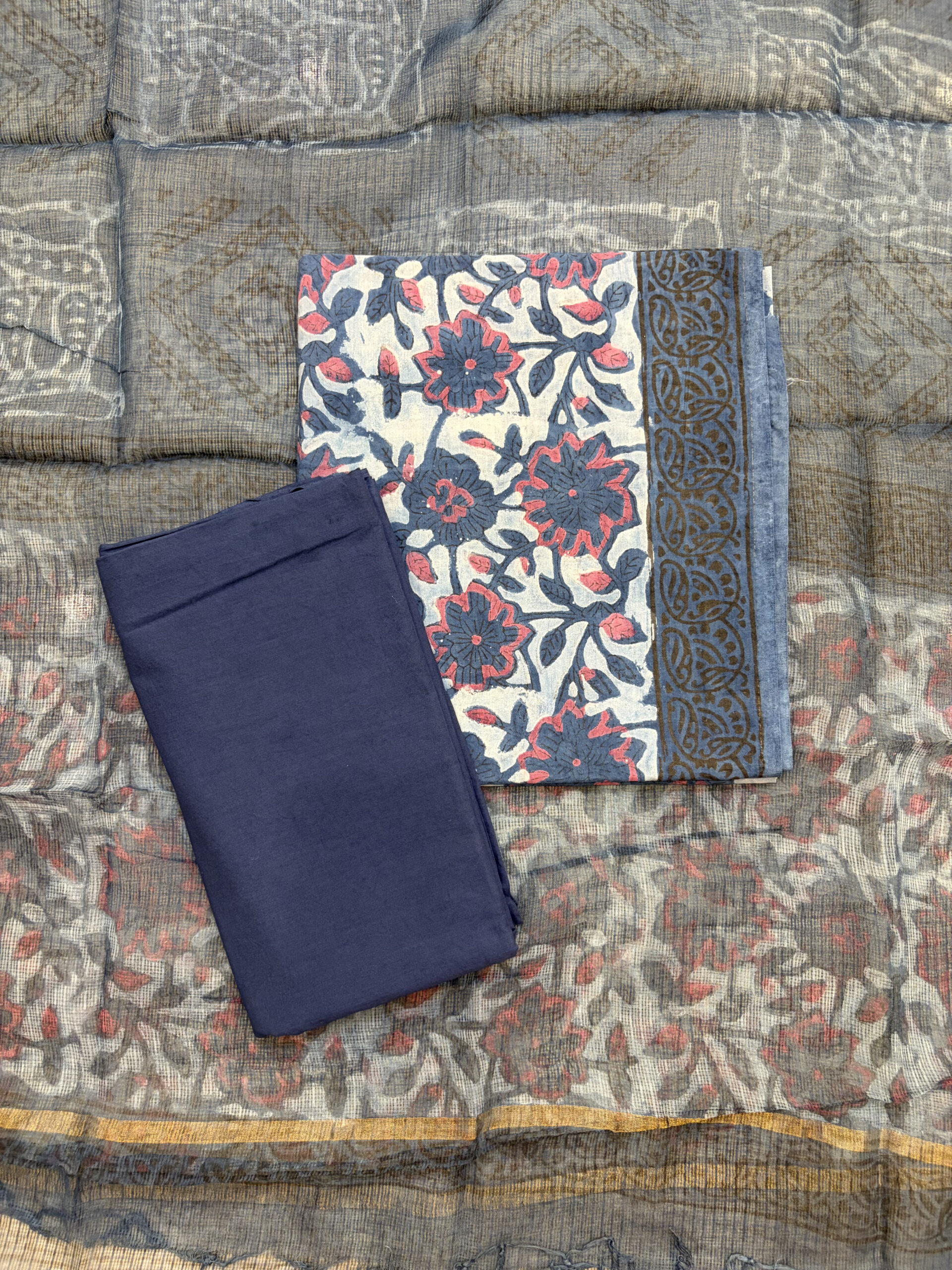 Navy Blue Floral Printed Vanaspati Ajrakh Suit Set - Image 3