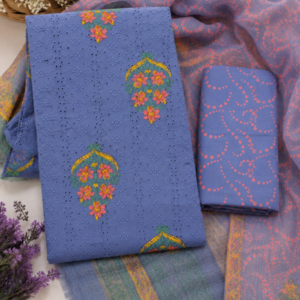Ink Blue Schiffli Hakoba Cotton Hand Block Painted Suit Set