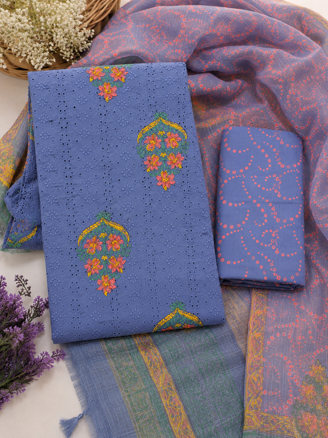 Ink Blue Schiffli Hakoba Cotton Hand Block Painted Suit Set