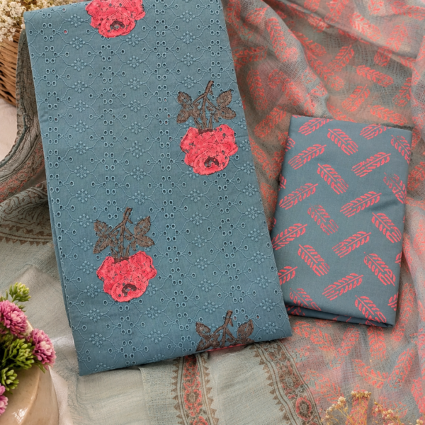 Rama Green Schiffli Hakoba Cotton Hand Block Painted Suit Set