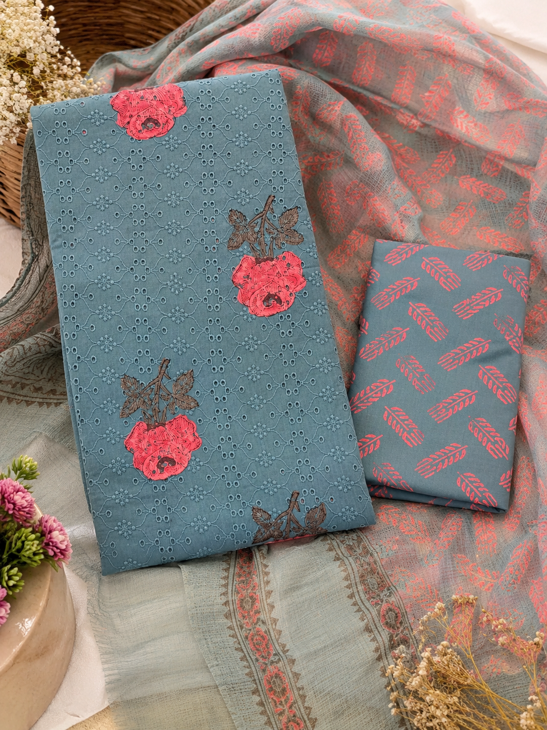 Rama Green Schiffli Hakoba Cotton Hand Block Painted Suit Set