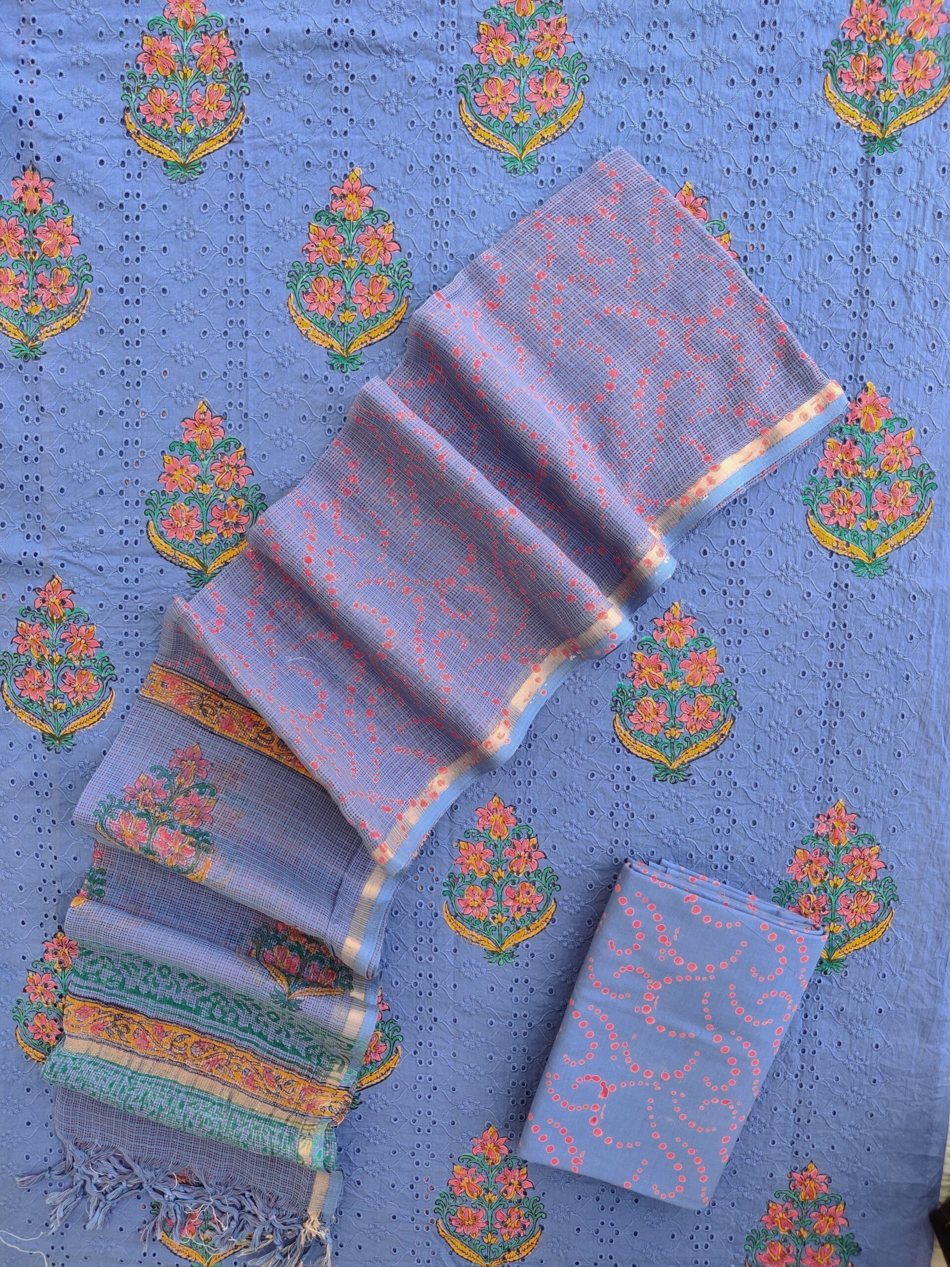 Ink Blue Schiffli Hakoba Cotton Hand Block Painted Suit Set - Image 6